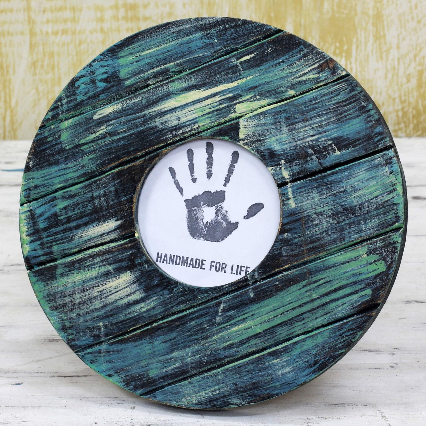 Blue Colored Round Wood Photo Frame (4 in.) from India - Rushing Waters
