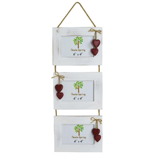 6 x 4 White Hanging Triple Photo Frame with Hearts